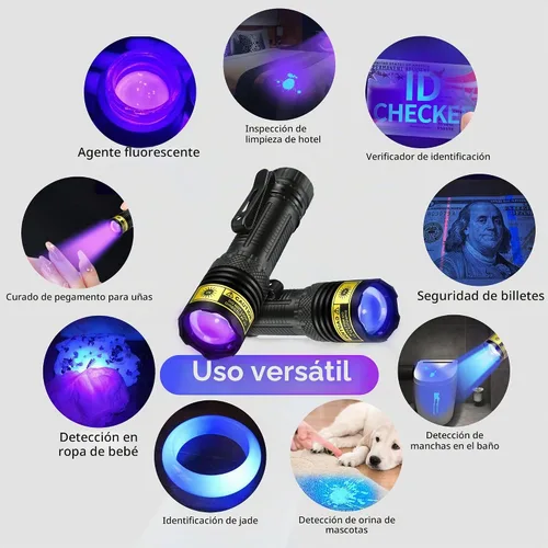 Vista 6 de DARKDAWN Linterna UV de 365 y 395 nm, luz negra, mini USB, recargable, LED ultravioleta blacklight, lámpara Woods, detector portátil fluorescente