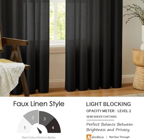 Vista 2 de Melodieux Cortinas Semitransparentes Negras de 63 Pulgadas de Largo para Ventanas Pequeñas de Sala de Estar y Dormitorio con Aspecto de Lino Rústico