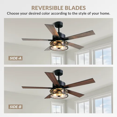 Vista 4 de Ventilador de techo de granja con luces de 52 pulgadas enjaulado Bubble glass shade farmhouse fandelier with walnut blades, quiet DC motor