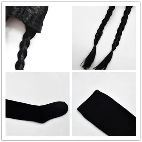 Vista 5 de Black Costume for Girls Halloween Dress Up with Wig and Socks