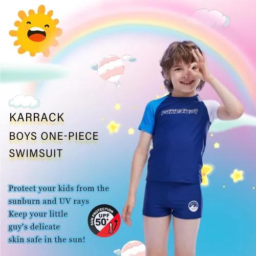 Vista 5 de karrack Traje de baño de dos piezas con protección solar UPF 50+ para niños, azul, gris (Dark Blue Grey)
