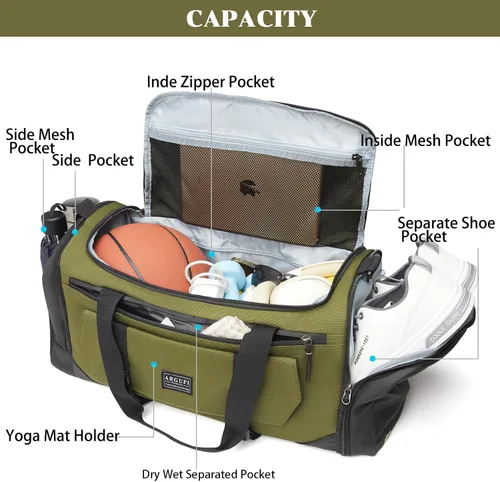 Vista 5 de Bolsas de gimnasio para hombres y mujeres con compartimento para zapatos y bolsa deportiva de bolsillo húmedo, A-TG-002-Verde