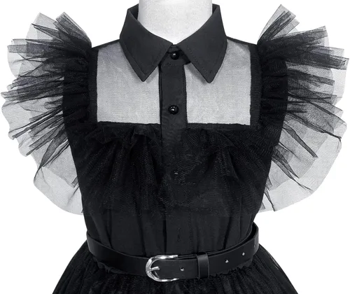 Vista 6 de Zalongye Disfraz de Wednesday addams para niñas, disfraz de la familia Addams, vestido de fiesta de Halloween con cinturón, 4-12 años