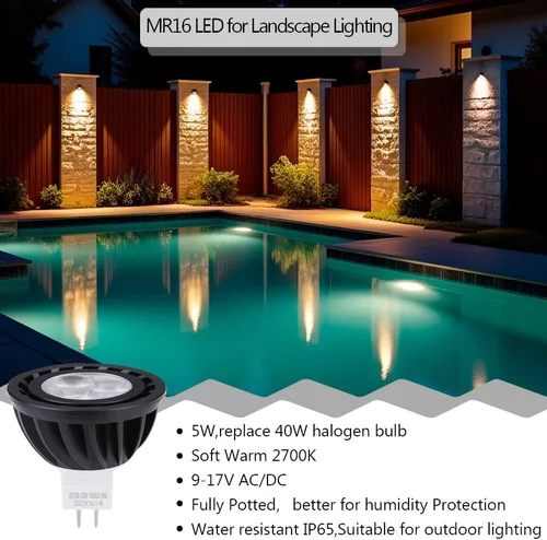 Vista 6 de Arrownine Bombilla LED MR16 de 5 vatios, resistente al agua, IP65, bajo voltaje 9-17 V CA/CC, regulable, base de dos pines GU5.3 para bombillas