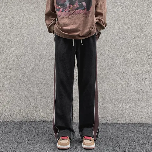 Vista 10 de Skateboard Frog Pantalones de chándal para hombre Patchwork Open Wide Bottom Suede Casual Pantalones de pierna recta