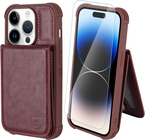Vista 14 de VANAVAGY Funda tipo cartera compatible con iPhone 14 Pro Max para mujeres y hombres, de piel sintética, cierre magnético, con bloqueo RFID Negro