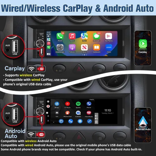 Vista 4 de Estéreo Universal Single Din para Automóvil con CarPlay Inalámbrico y Android Auto, Unidad Principal de Pantalla Táctil IPS de 6.36 Pulgadas