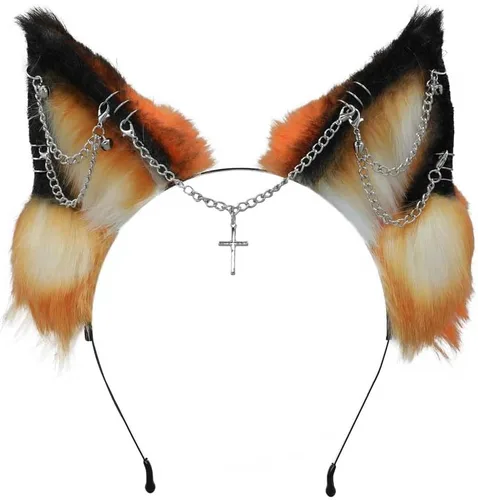 Vista 6 de VIGVAN Orejas de zorro de lobo hechas a mano Animal Cosplay Cute Head Accesorios para Halloween (negro)