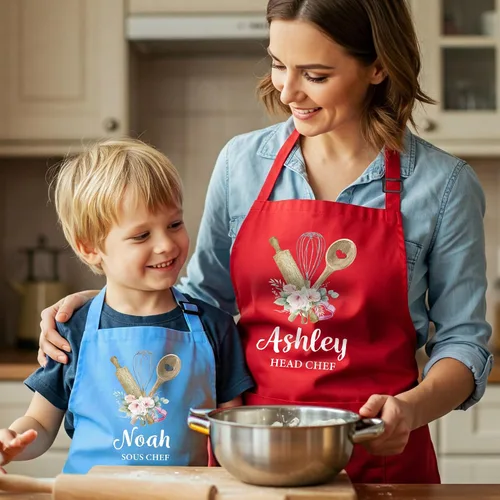 Vista 4 de Delantal Familiar Personalizado a juego con Nombres para Navidad, Regalo para Abuela, Delantales "Mamá y Yo" con Bolsillos, Delantales de Cocina