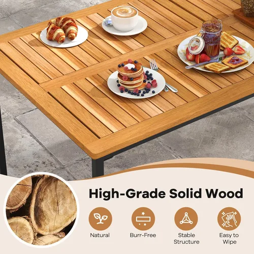 Vista 5 de Tangkula Mesa de comedor de madera de acacia de 55 pulgadas para 6, mesa rectangular para exteriores con patas de metal resistente y agujero