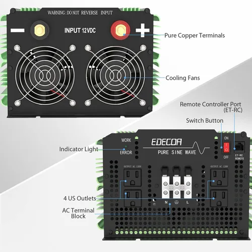 Vista 3 de EDECOA - Inversor de corriente de onda sinusoidal pura de 3500 W, 12 V CC a 120 V CA ETRC Remote Controller with LCD Display and Dual USB, 4 AC