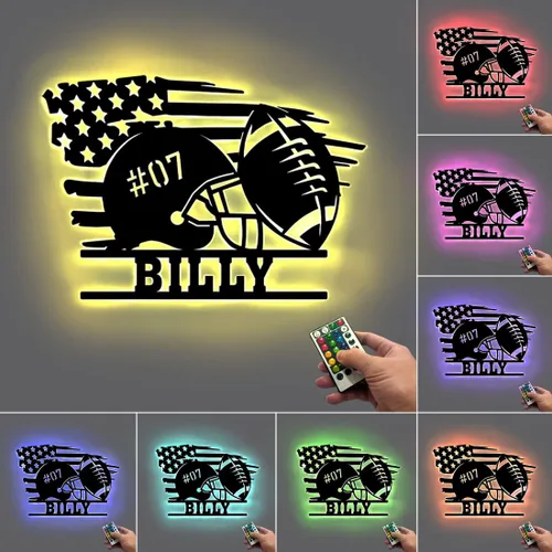 Vista 11 de Regalos personalizados de fútbol para niños con nombre personalizado con luz nocturna LED, letrero de pared de fútbol de neón con 16 colores que