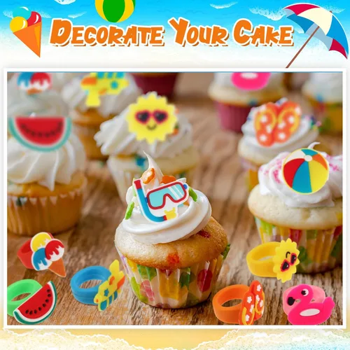Vista 5 de Wettarn 48 anillos tropicales para cupcakes, decoración de tartas temáticas de playa de verano, decoración de tartas hawaianas con flamenco, sandía