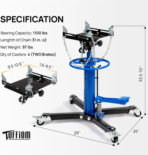 Vista 6 de TUFFIOM Gato de transmisión, 1100 lbs 1/2Ton hidráulico de 2 etapas de elevación alta vertical telescópica, rango de elevación de 34" a 68