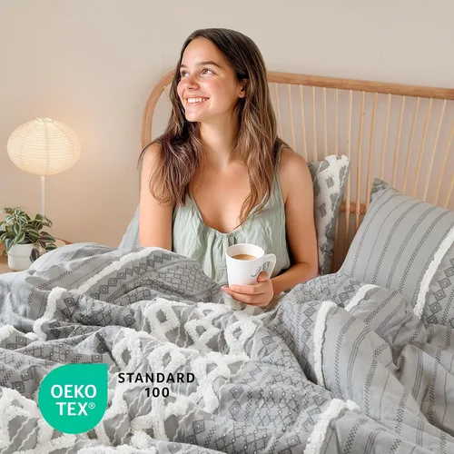 Vista 3 de INK+IVY Edredón para cama tamaño Queen, chenilla con mechones, juego de edredón de algodón transpirable Queen, edredón bohemio moderno para todas
