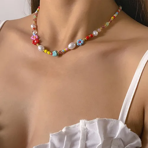 Vista 6 de Colorful Beaded Necklace for Women Beaded Pearl Choker Necklace for Teen Girls Stainless Steel 14K Gold Plated Necklace Y2K Trendy Pearl Necklace