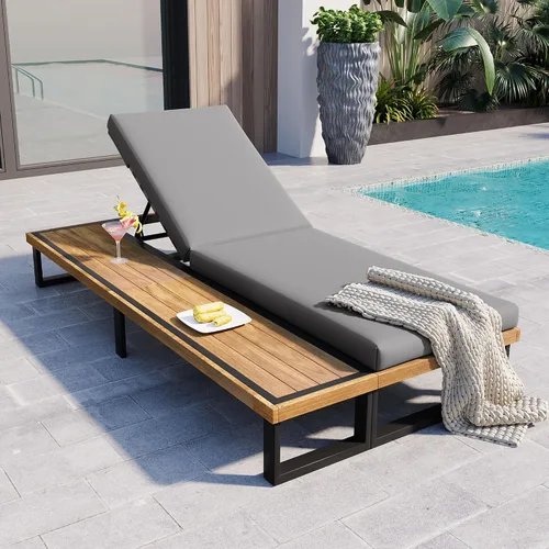 Vista 34 de Tumbona reclinable para patio al aire libre con respaldo ajustable de 5 posiciones y mesa auxiliar de madera, silla lounge para todo tipo de clima