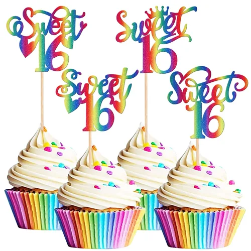 Vista 18 de 1 pieza de decoración de pastel de 16 años con purpurina de luna y estrella de luna feliz 16 cumpleaños, decoración para tartas de cumpleaños de 16