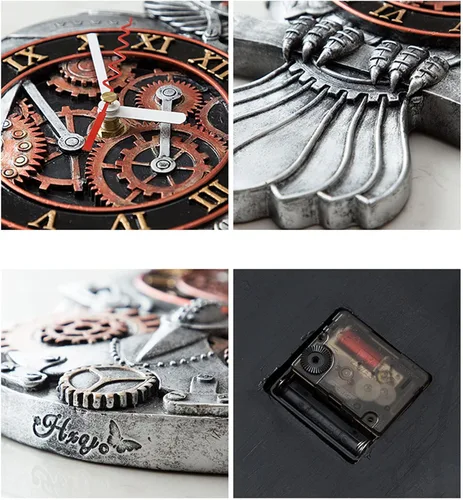 Vista 3 de Reloj de pared con péndulo, reloj de péndulo de búho steampunk de imitación de metal de imitación de reloj de pared de resina pintada a mano