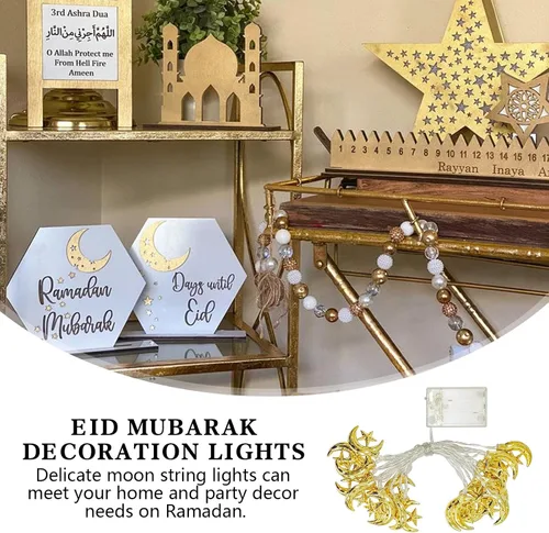 Vista 2 de Vigdur Guirnalda de luces de Ramadán – 20 luces LED Eid Mubark Luna Star Fairy Lights funciona con pilas con temporizador, luz de decoración Ramanda