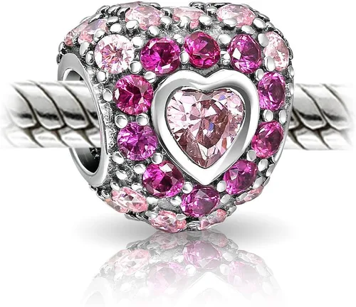 Vista 2 de Abalorio de San Valentín personalizado con texto en inglés "Love", diseño de flor de cristal rosa, diseño retro, con forma de corazón, para mujeres