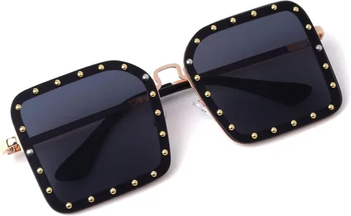 Vista 2 de Queens RH-7082 - Gafas de sol con tachuelas cuadradas grandes sin montura, L