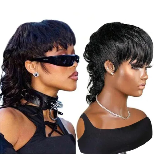 Vista 19 de Peluca de cabello humano con corte Pixie para mujeres negras, 100% cabello humano real, peluca corta y recta sin pegamento con flequillo, hecha a
