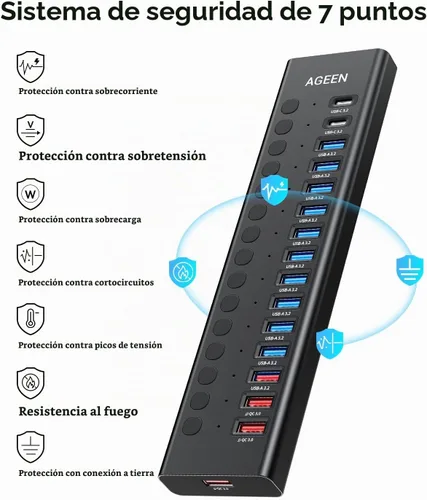 Vista 15 de Hub USB alimentado, concentrador USB 3.2 de 16 puertos AGEEN