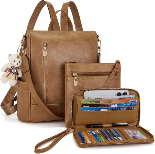Vista 13 de Soperwillton Mochila de moda para mujer, bolso de hombro de cuero antirrobo, bolsa de viaje, múltiples bolsillos, cartera, juego de 3 piezas