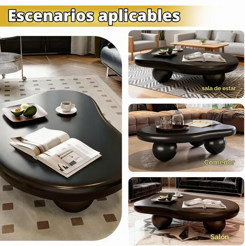 Vista 6 de Mesa de centro en forma de nube de 44 pulgadas, modernas mesas de centro ovaladas irregulares con 3 bases, mesa central color crema para dormitorio