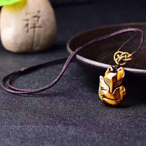 Vista 5 de Colgante de ojo de tigre tallado a mano collar de zorro con cadena amuleto de la suerte joyería fina para mujeres hombres regalos