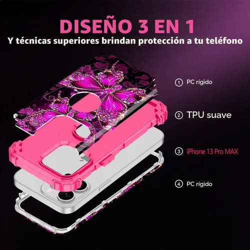 Vista 4 de Casetego Funda para iPhone 13 Pro Max, que brilla en la oscuridad, tres capas, resistente, a prueba de golpes, protección completa, policarbonato