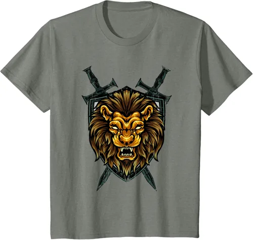 Vista 107 de Camiseta con diseño de caballero medieval renacentista, con diseño de espada de león, Negro, S