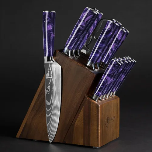 Vista 11 de SENKEN - Juego de 16 cuchillos de acero inoxidable japonés de alto carbono con patrón de damasco, asas de resina azul, 6 cuchillos para carne