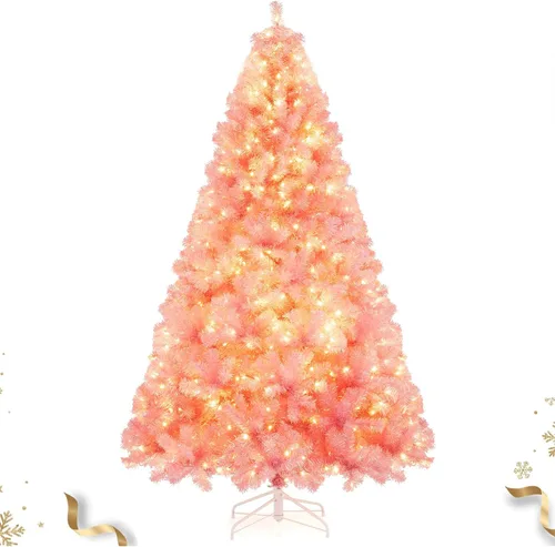 Vista 11 de HAPPYGRILL - Árbol de Navidad artificial preiluminado de 2.1 m, árbol de Navidad con nieve flocada y 320 luces LED multicolor, 8 modos de Snow Pe