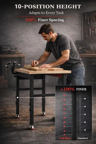 Vista 4 de Banco de trabajo resistente de 70 pulgadas, banco de trabajo de capacidad de carga de 2500 libras con parte superior de madera laminada de 1.2