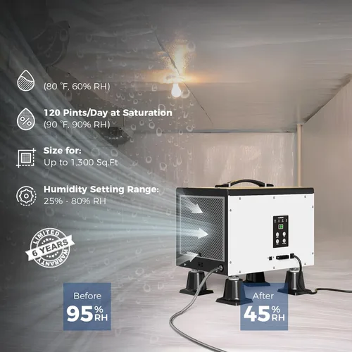 Vista 3 de Deshumidificador ALORAIR 120 PPD con bomba para espacio de arrastre y sótano Automatic Defrost, Memory Start, Up to 1,300 Sq. Ft., with Drain