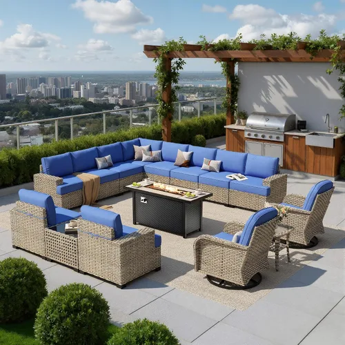 Vista 14 de HOOOWOOO Juego de muebles seccionales de patio con mesa de luz solar, 6 piezas de mimbre para exteriores, sofá en forma de L, juego de conversación