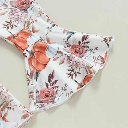 Vista 6 de Twopumpkin Ropa de bebé para niña, anties bestie, mameluco de manga larga, pantalones florales acampanados, diadema para recién nacido, Flor