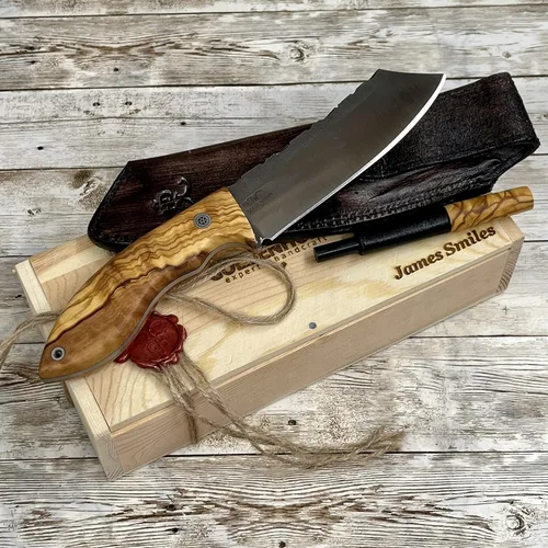 Vista 9 de Cuchillo hecho a mano, cuchillo de bushcraft de espiga completa, mango de madera de olivo N690, cuchillo táctico con funda y arrancador de fuego
