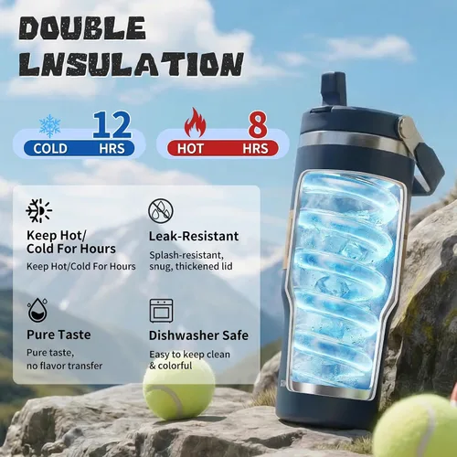Vista 3 de Botella de agua aislada con pajilla abatible de 30 onzas con asa, vaso de acero inoxidable a prueba de fugas, taza de café de viaje al vacío