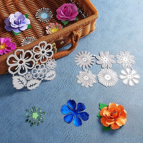 Vista 7 de 2 juegos de troqueles de corte de metal con estampado de flores, hojas de flores, 14 estilos, plantillas 3D troqueladas para manualidades, álbumes