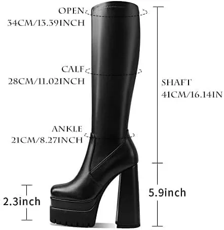 Vista 2 de Wryffneea Platform Boots for Women Square Toe Side Zip Goth Punk Wedge Block High Chunky Heel Motorcycle Riding GoGo Knee High Boots