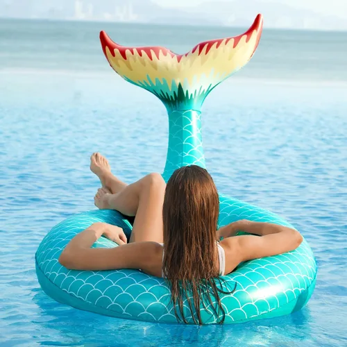 Vista 6 de Jasonwell Flotador inflable gigante de cola de sirena con válvulas rápidas, flotadores de piscina, tubo de verano, playa, piscina, fiesta, balsa