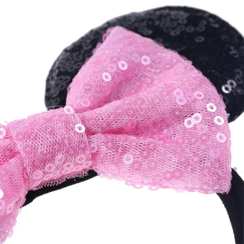 Vista 5 de Diadema de orejas de ratón con lazo de lentejuelas, banda elástica suave para el pelo, diadema de fiesta para bebés, niñas recién nacidas, niños