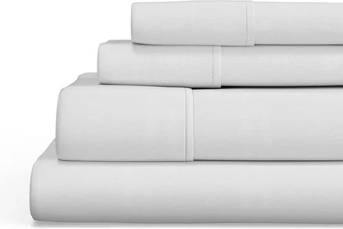 Vista 5 de Sealy Clean Comfort - Juego de sábanas de mezcla de algodón de 300 hilos con bandas de anclaje de ajuste seguro, tamaño individual, color blanco