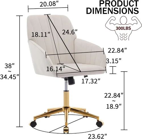 Vista 3 de Silla de escritorio de oficina de terciopelo con ruedas y base dorada, moderna silla giratoria ajustable, sillas de tocador tapizadas con brazos