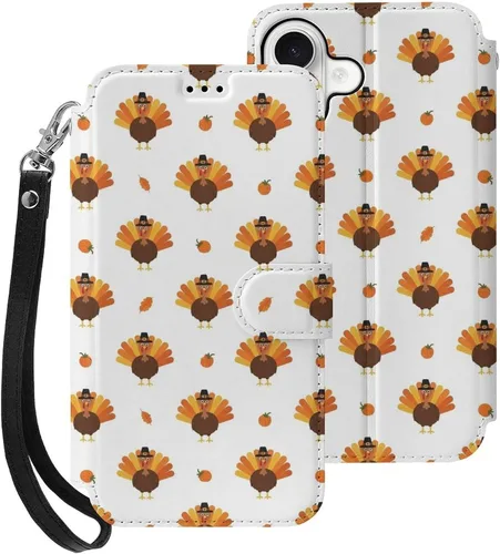 Vista 12 de SWEET TANG Compatible with iPhone 17 Pro Wallet Case Women PU Leather Shockproof Protective Folio Flip Cover (Cute Thanksgiving Turkey Maple Leaf)