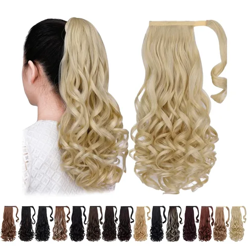 Vista 20 de Extensiones de cola de caballo negras, colas de caballo rizadas con clip, 22 pulgadas, 3.5 onzas, extensión de cabello sintético envolvente del pelo