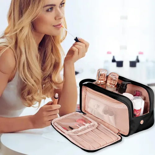 Vista 7 de Neceser de aseo personal, organizador de artículos de aseo de viaje de piel sintética, doble cremallera, bolsa de cosméticos de viaje de gran Negro